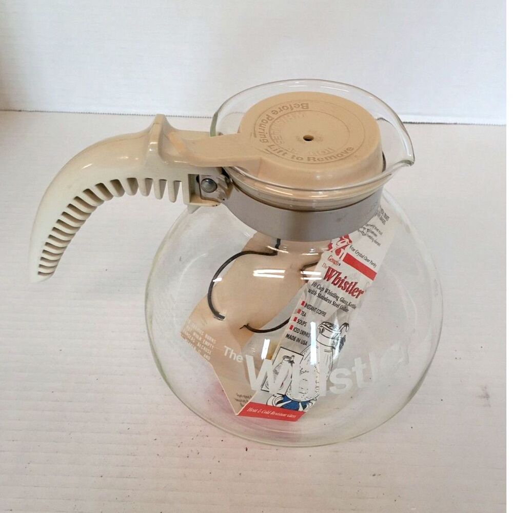 Vintage Gemco The Whistler 10 Cup Glass Tea Kettle USA NOS